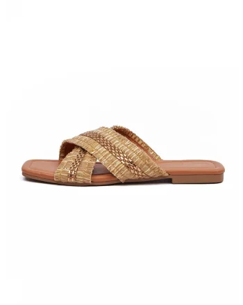 Slide Shoes With Beads Application, Beige, Bej