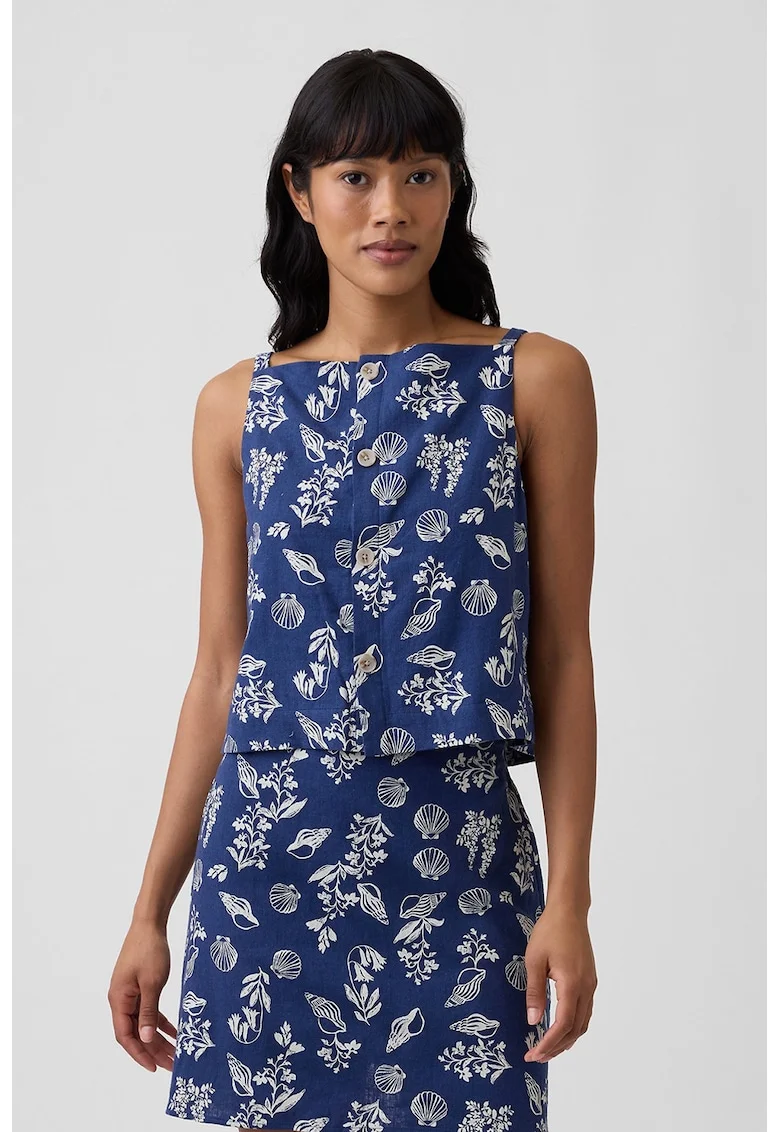 Top din amestec de in cu model tropical, Albastru indigo