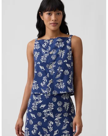 Top din amestec de in cu model tropical, Albastru indigo
