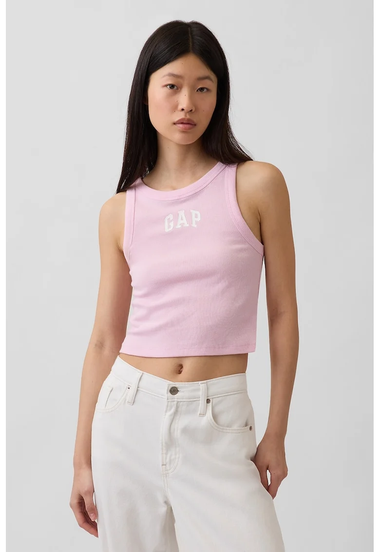 Top crop cu logo si striatii, Roz deschis