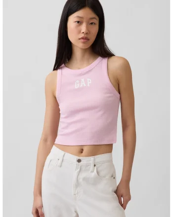 Top crop cu logo si striatii, Roz deschis
