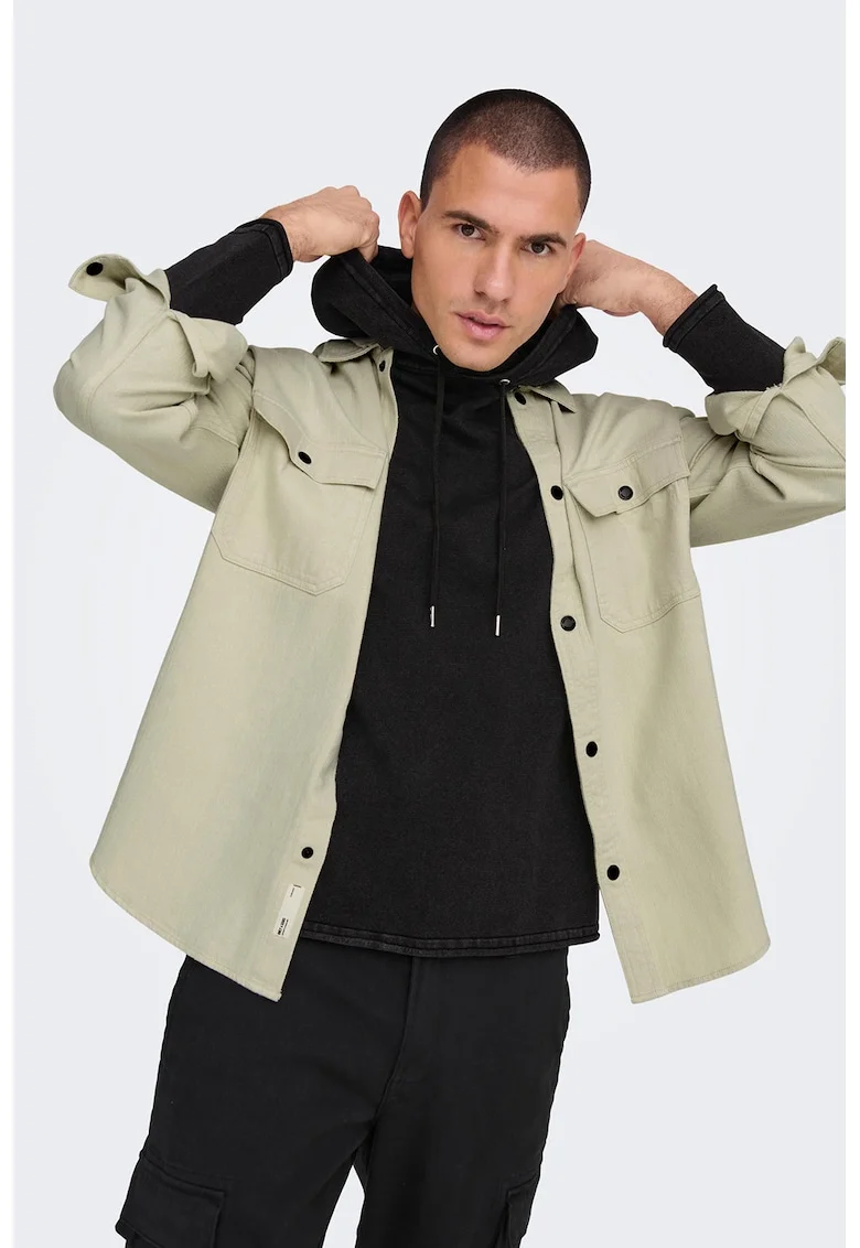 Jacheta-camasa relaxed fit de bumbac, Kaki