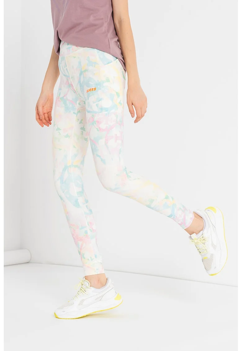 Colanti cu talie inalta si model abstract, pentru fitness, Alb/Roz