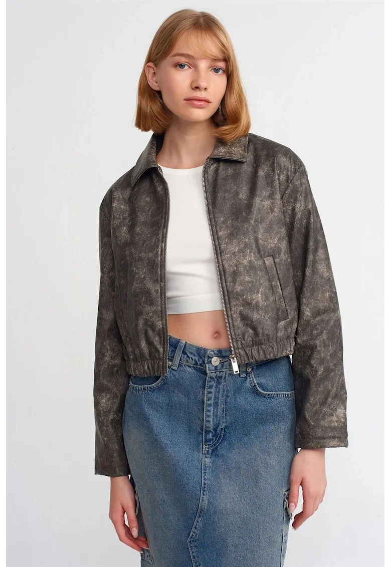 Geaca bomber scurta,  piele ecologica, gri antracit, imprimeu abstract, inchidere cu fermoar