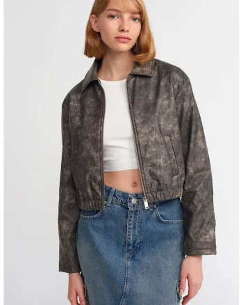 Geaca bomber scurta,  piele ecologica, gri antracit, imprimeu abstract, inchidere cu fermoar