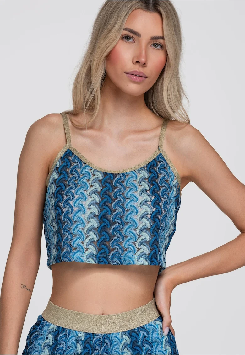 Bluza dama crop cu decolteu rotund si ramite subtiri, fit lejer OW-TS-E0068, Albastru