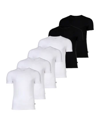 Set de tricouri din amestec de bumbac cu model uni - 6 piese, Alb/Negru