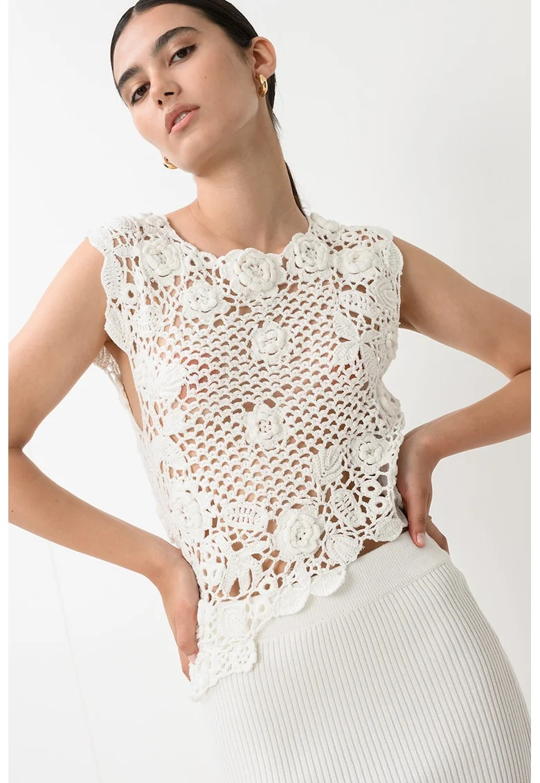 Bluza brodata cu flori din tricot, Alb fildes