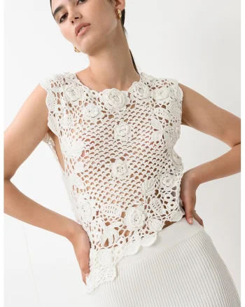 Bluza brodata cu flori din tricot, Alb fildes