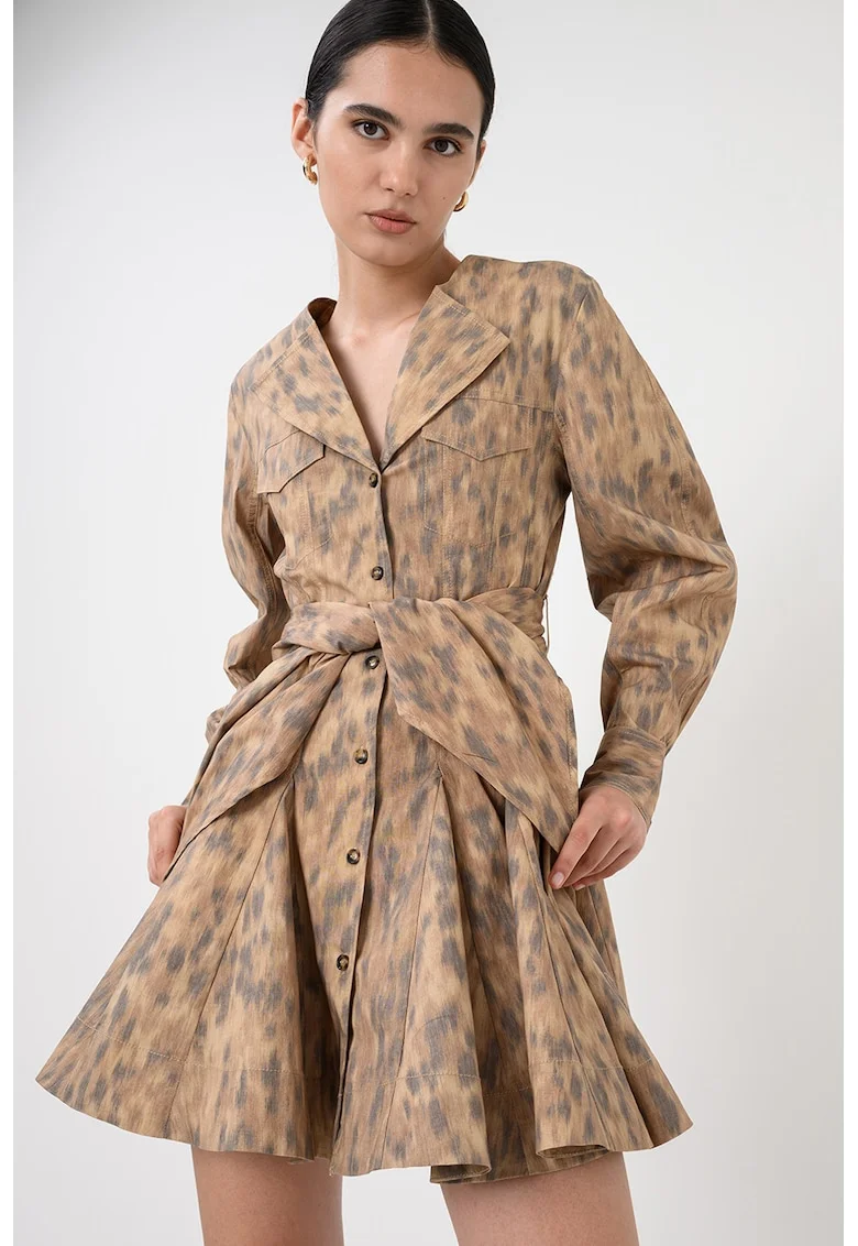 Rochie evazata cu cordon in talie si animal print, Maro camel