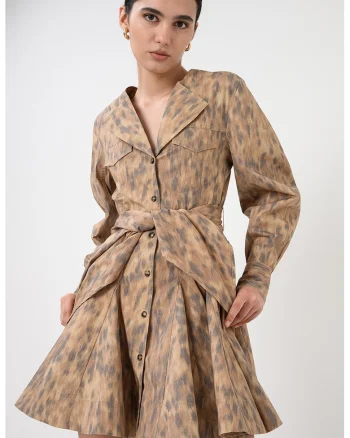 Rochie evazata cu cordon in talie si animal print, Maro camel