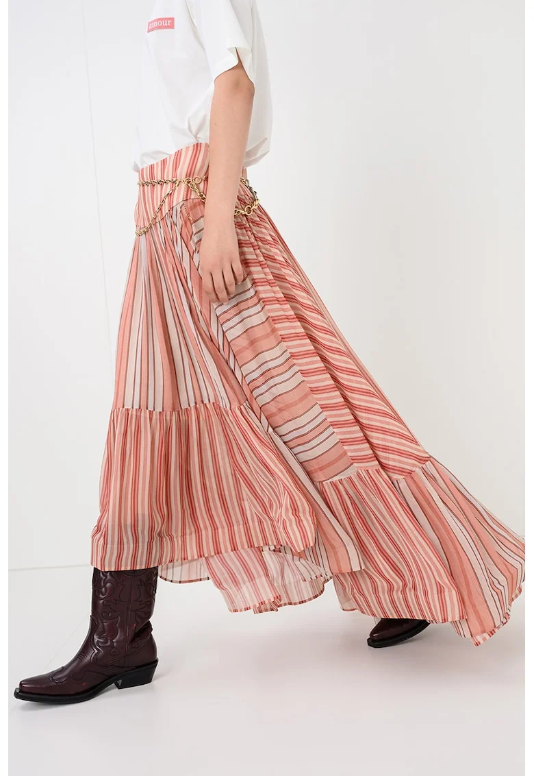 Fusta maxi cu model in dungi Rebellion Bohemian, Roz somon