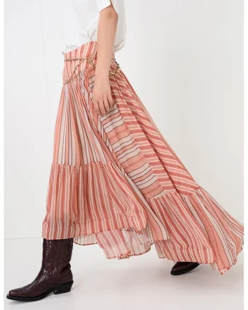 Fusta maxi cu model in dungi Rebellion Bohemian, Roz somon