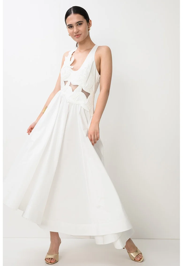 Rochie evazata midi cu terminatie asimetrica si decupaje Luna, Alb optic
