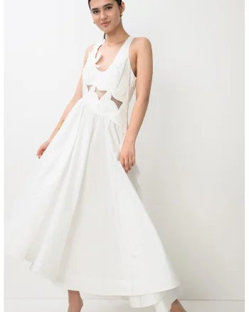 Rochie evazata midi cu terminatie asimetrica si decupaje Luna, Alb optic
