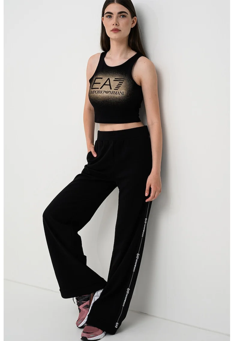 Top crop cu imprimeu logo, Negru