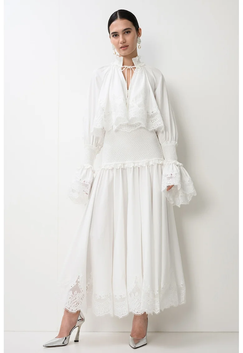 Rochie maxi cu dantela si insertii de volane Alchemy, Alb optic