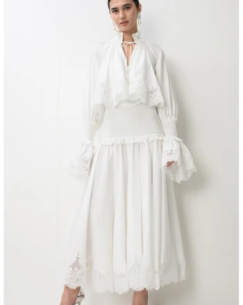 Rochie maxi cu dantela si insertii de volane Alchemy, Alb optic