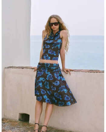 Top crop cu model floral si decolteu drapat, Maro/Albastru inchis