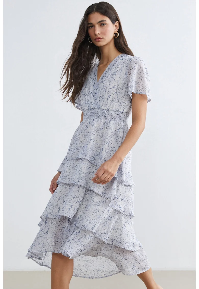 Rochie stratificata cu model si decolteu in V, Alb/Albastru