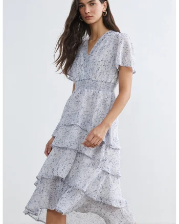 Rochie stratificata cu model si decolteu in V, Alb/Albastru