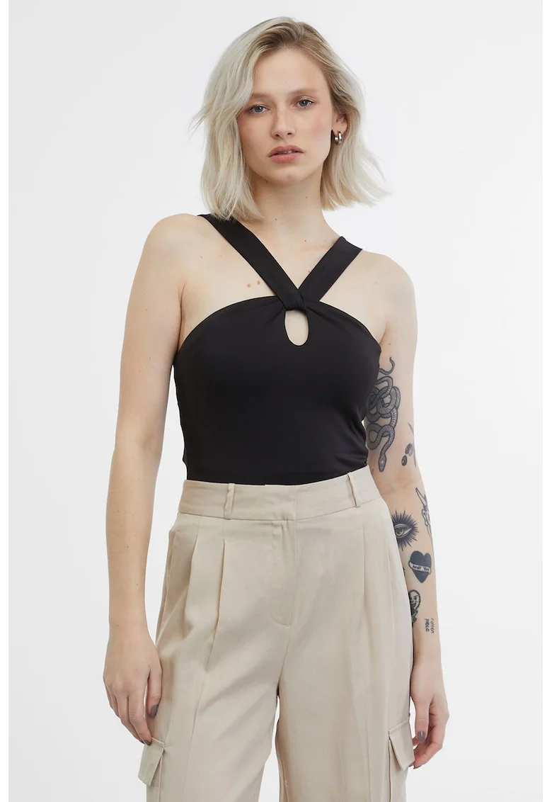 Top cu decolteu halter si detaliu rasucit, Negru