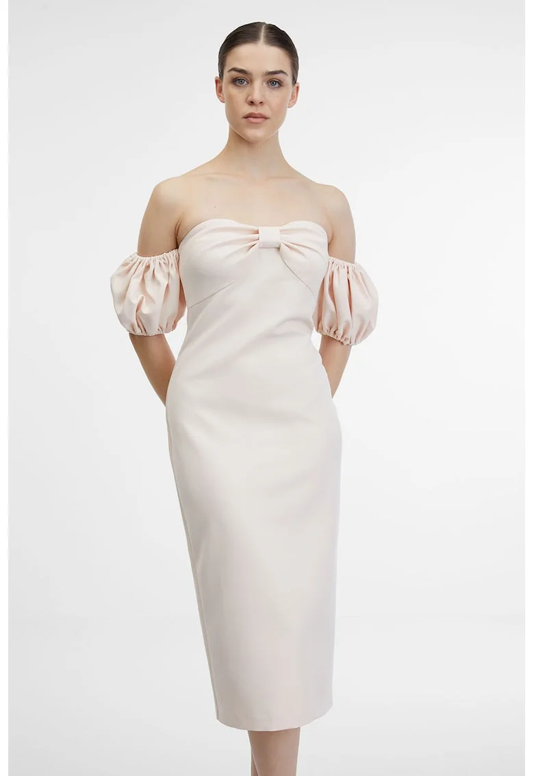 Rochie midi cu decolteu pe umeri, Nude rose