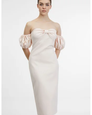 Rochie midi cu decolteu pe umeri, Nude rose