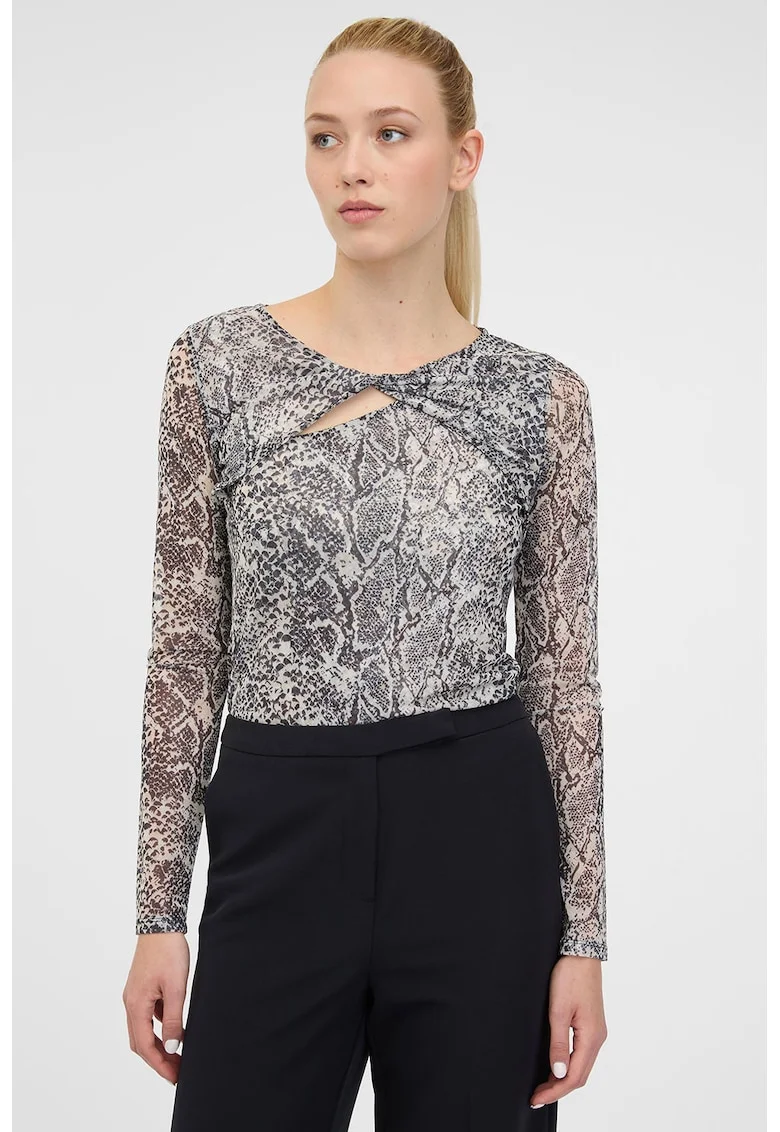 Bluza slim fit cu animal print, Negru/Alb murdar