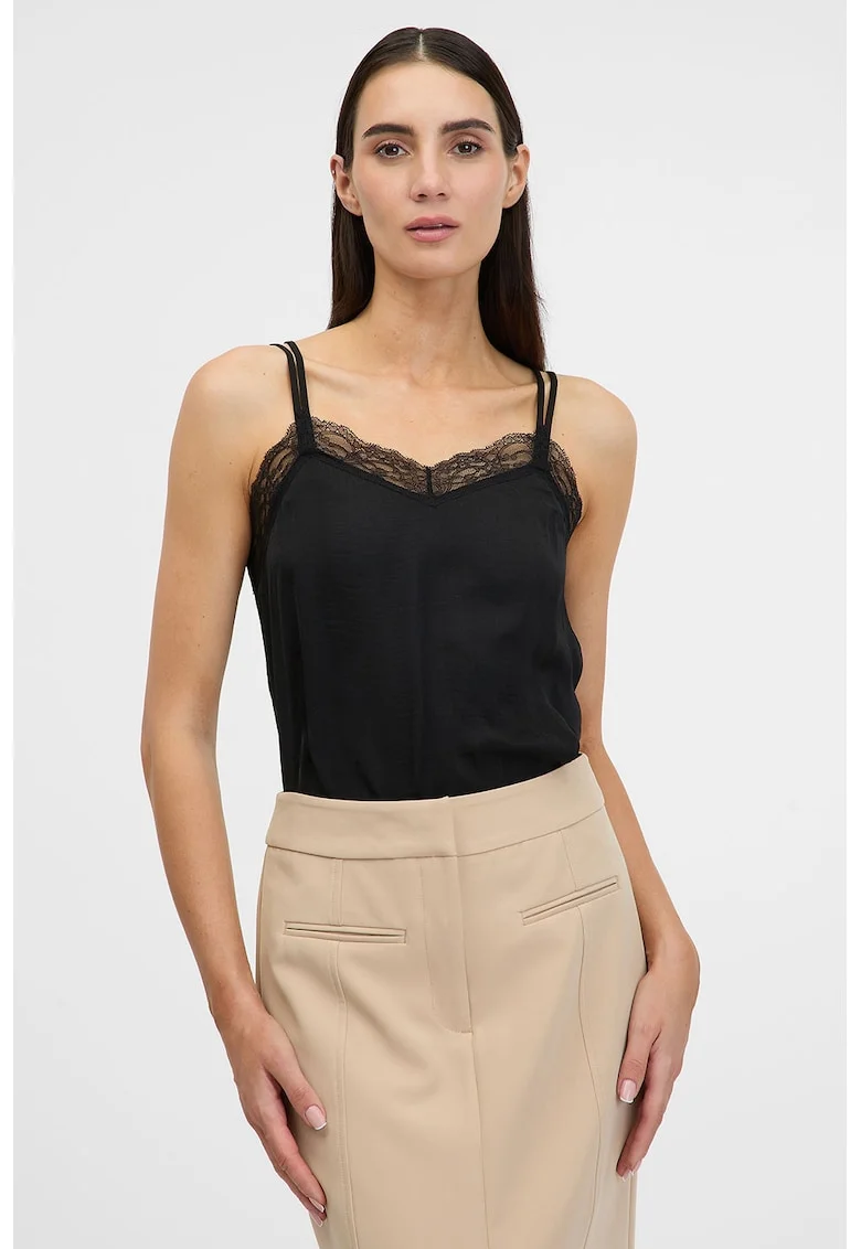 Top de satin cu insertie de dantela, Negru