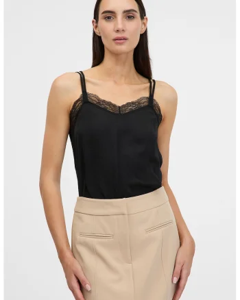 Top de satin cu insertie de dantela, Negru