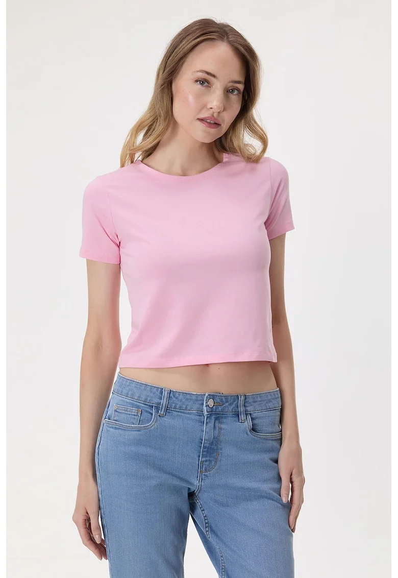 Tricou crop cu decolteu la baza gatului, Roz deschis