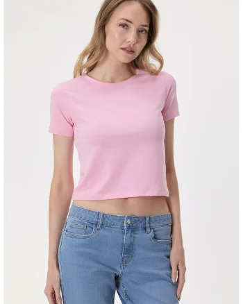 Tricou crop cu decolteu la baza gatului, Roz deschis