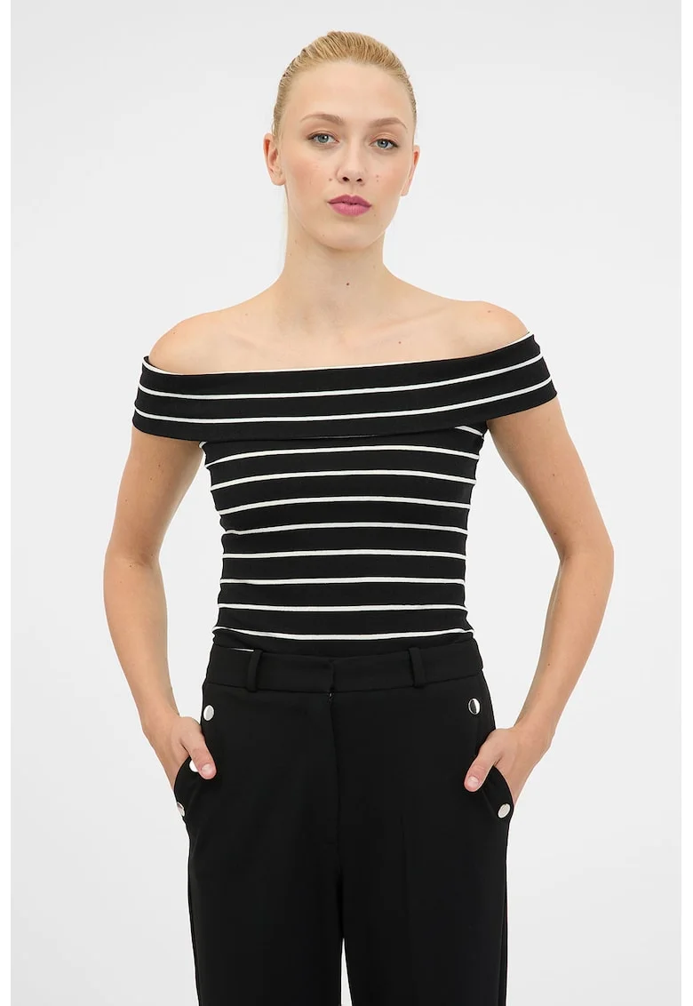 Tricou cu decolteu pe umeri si model in dungi, Alb fildes/Negru stins