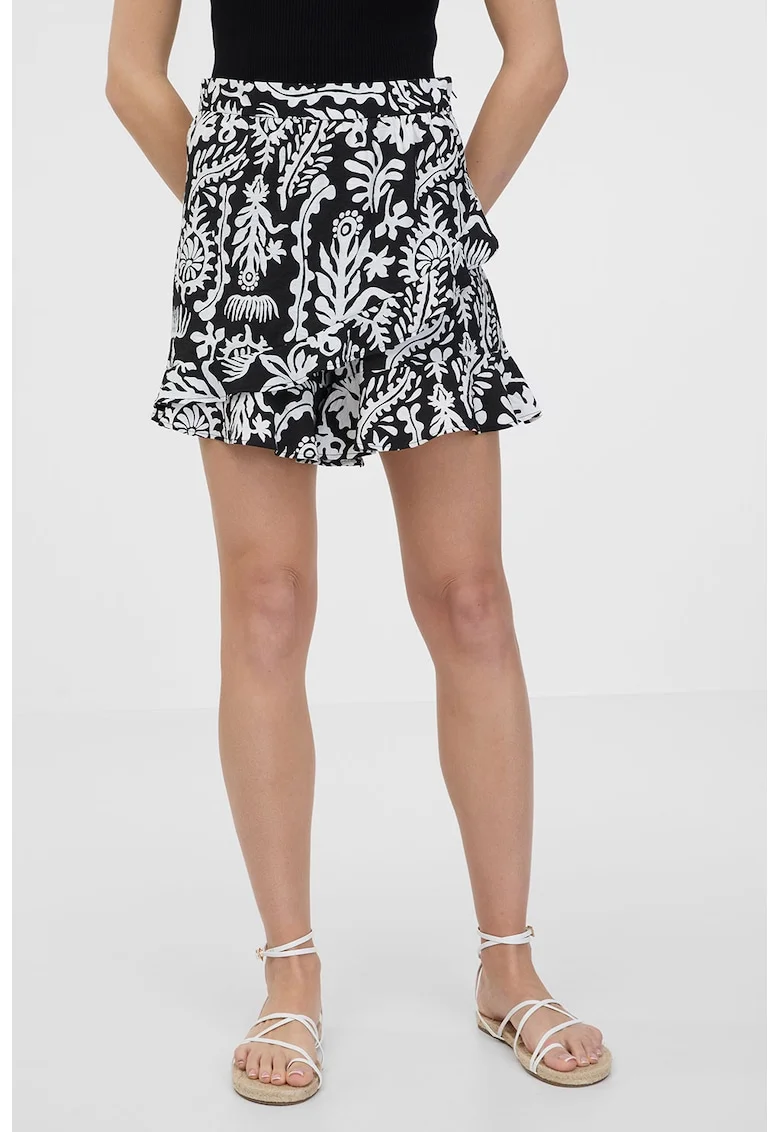 Fusta-pantalon mini cu model floral si petrecut, Alb/Negru
