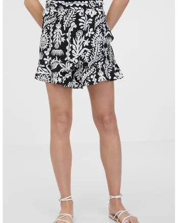 Fusta-pantalon mini cu model floral si petrecut, Alb/Negru