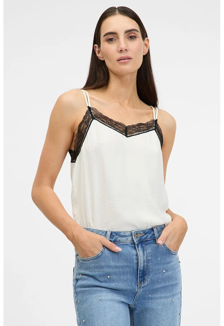 Top de satin cu insertie de dantela, Alb/Negru