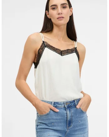 Top de satin cu insertie de dantela, Alb/Negru