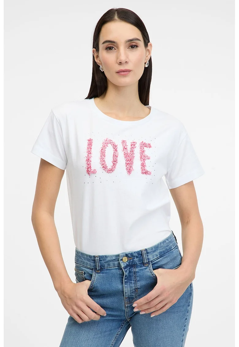 Tricou din bumbac cu imprimeu text si strasuri, Alb/Roz