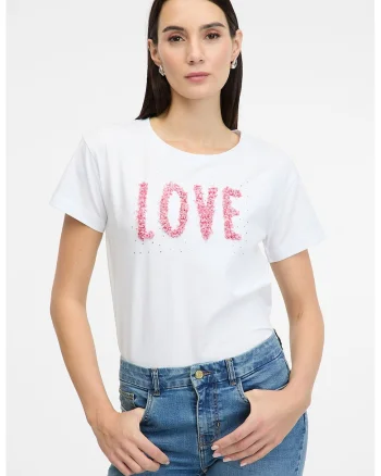 Tricou din bumbac cu imprimeu text si strasuri, Alb/Roz