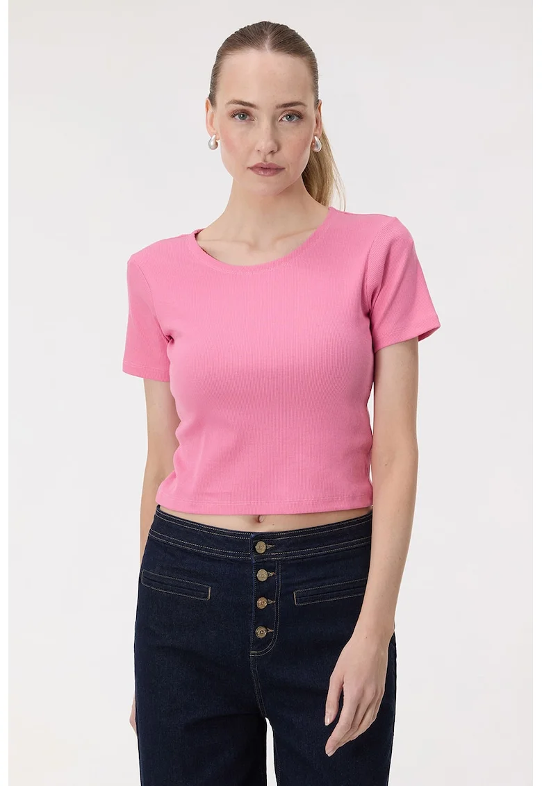 Tricou crop striat, Roz deschis