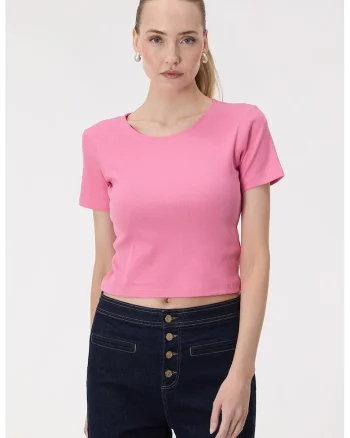 Tricou crop striat, Roz deschis