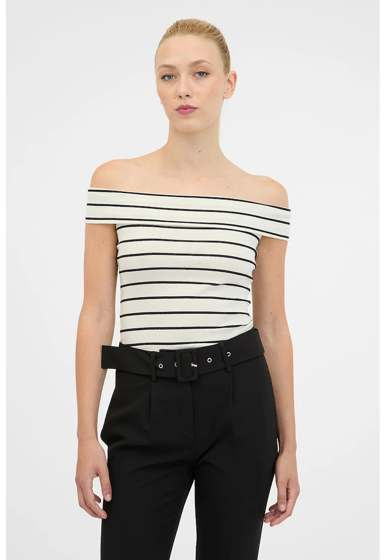Tricou cu decolteu pe umeri si model in dungi, Alb fildes/Negru