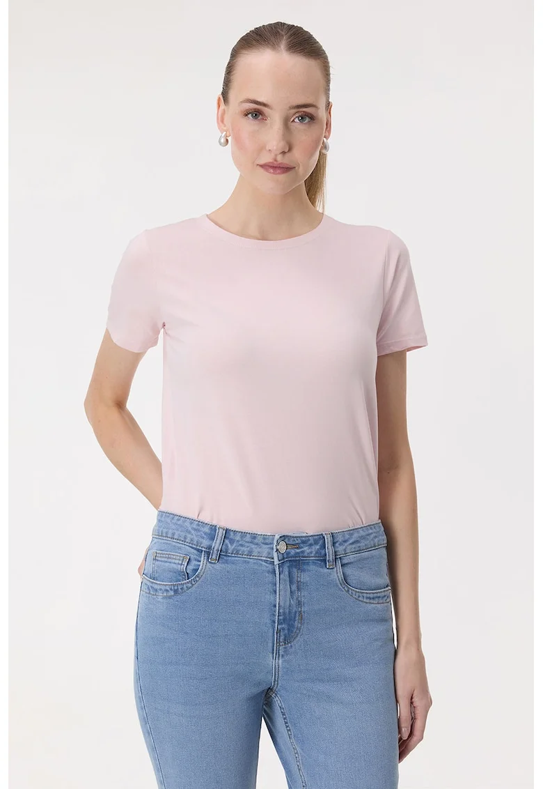 Tricou din amestec de bumbac cu decolteu la baza gatului, Roz deschis