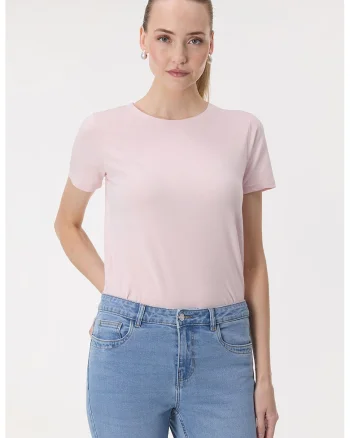 Tricou din amestec de bumbac cu decolteu la baza gatului, Roz deschis