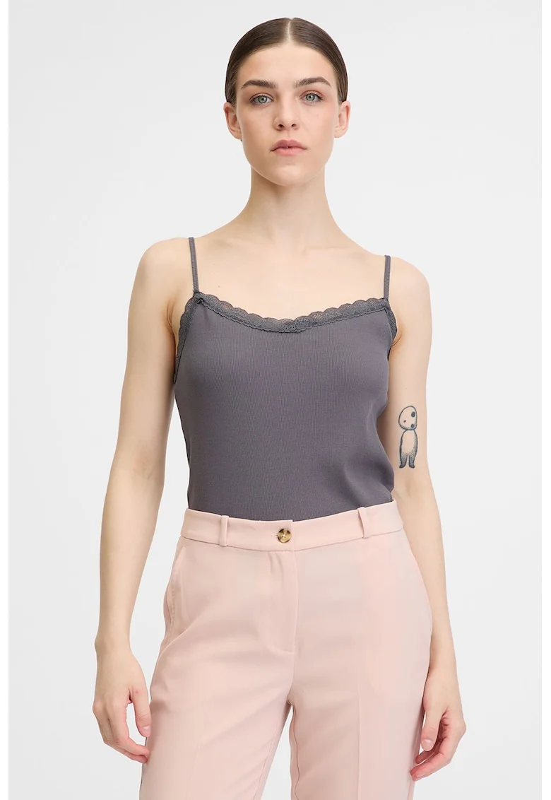 Top striat cu garnitura de dantela, Gri inchis