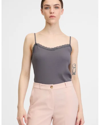 Top striat cu garnitura de dantela, Gri inchis