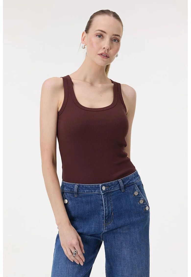Top slim fit cu decolteu patrat, Maro inchis