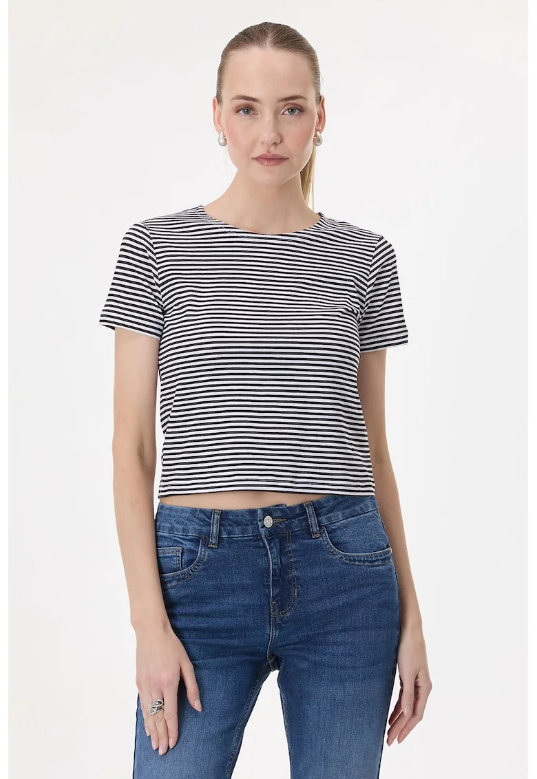 Tricou cu dungi si decolteu barcuta, Alb/Negru