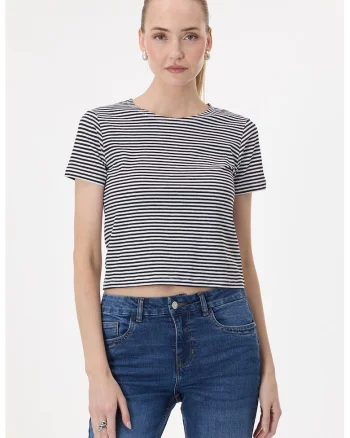 Tricou cu dungi si decolteu barcuta, Alb/Negru